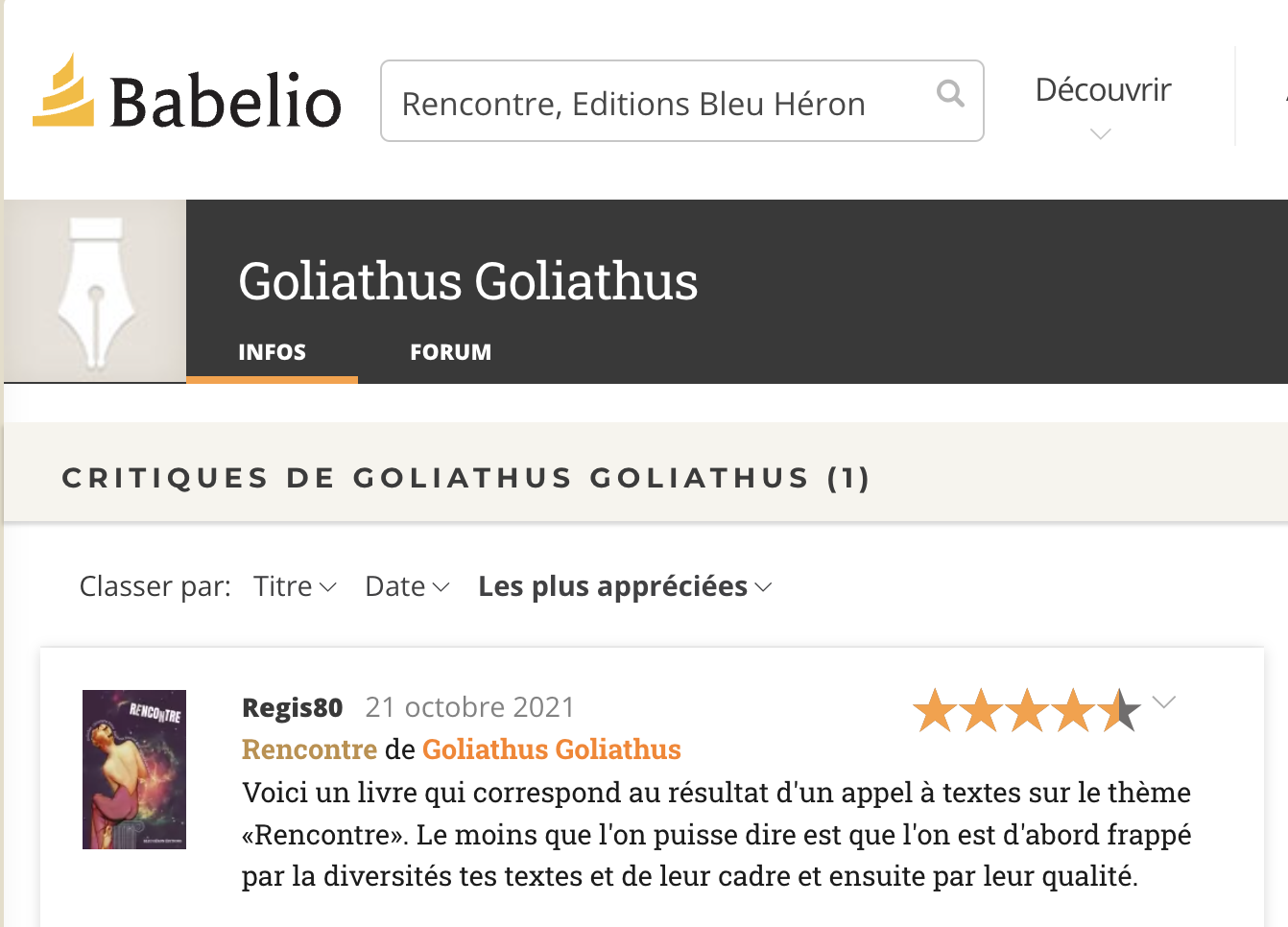 Critique d'une de mes nouvelles sur Babelio